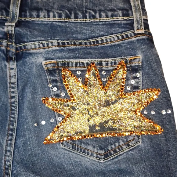 ​VTG Old Navy Y2K Lace Flare Jeans Bedazzled Idaho Star Size 8 Long Custom - Picture 8 of 12